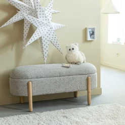 Banc en bois de pin et tissu bouclette gris clair Nério