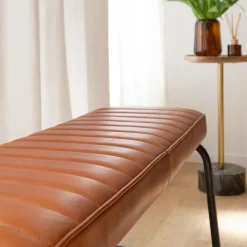 Banc en cuir marron et métal noir Lucien