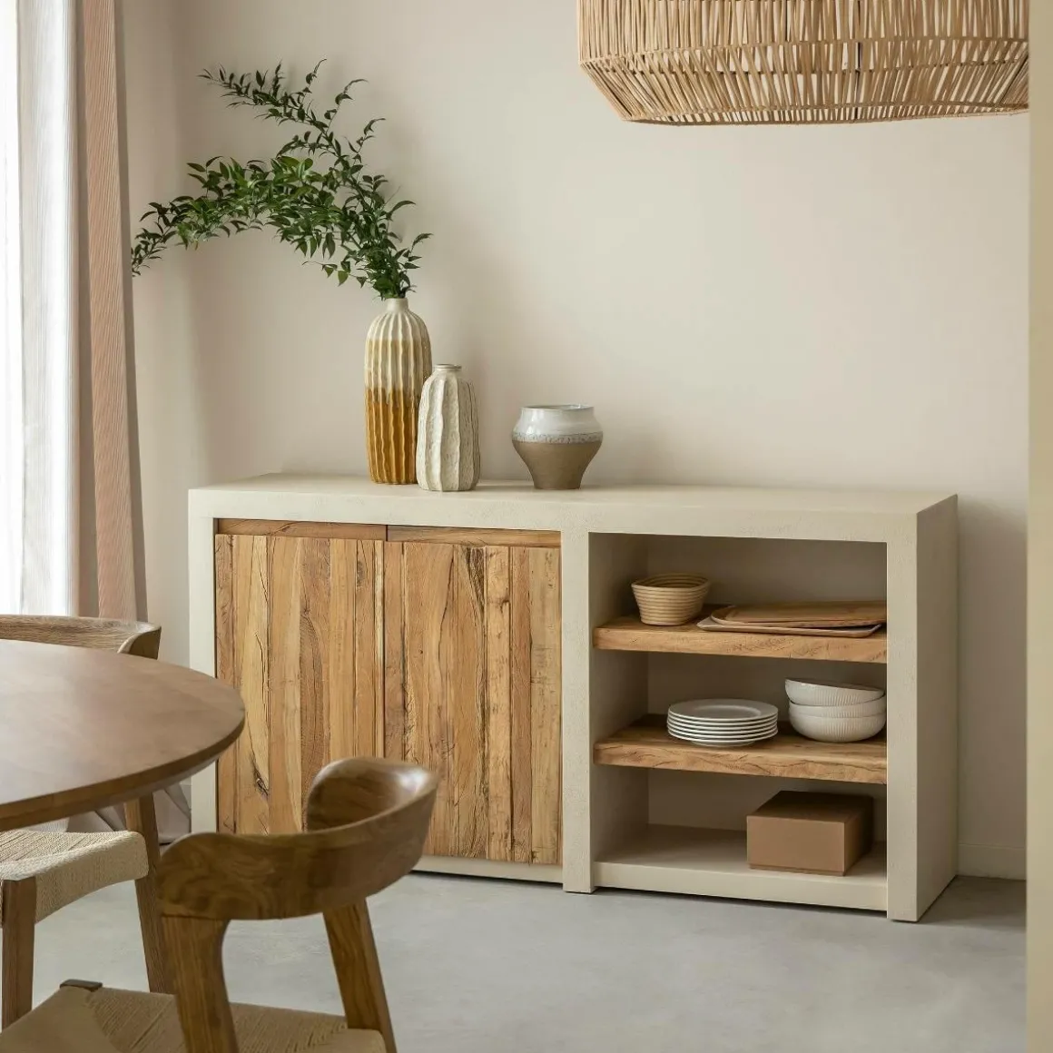Buffet 2 portes avec étagères en bois effet béton et bois recyclé Dalva