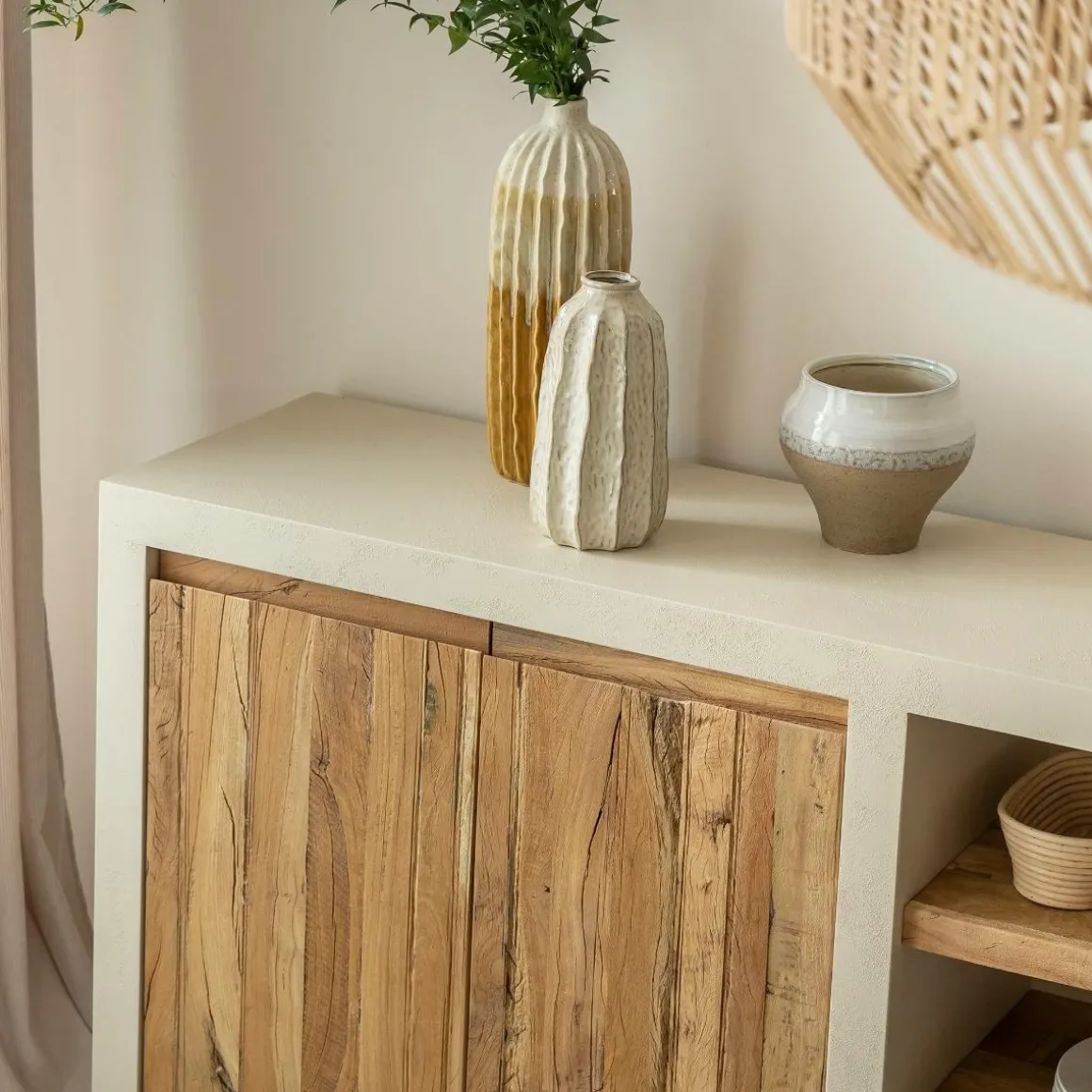 Buffet 2 portes avec étagères en bois effet béton et bois recyclé Dalva