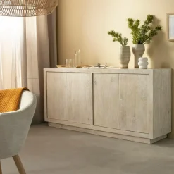 Buffet 4 portes en bois de manguier blanchi Alison