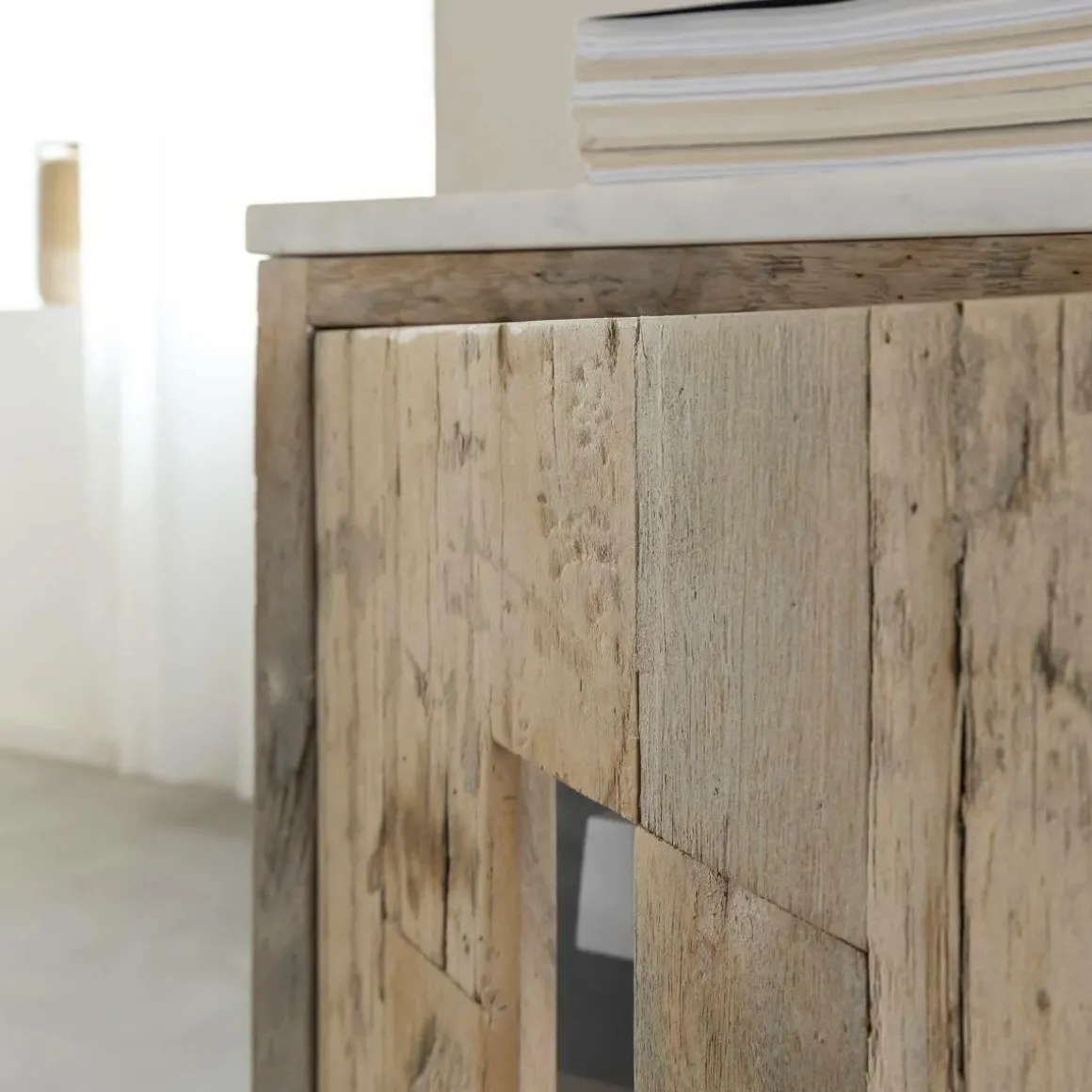 Buffet 2 portes en bois recyclé et marbre Damian