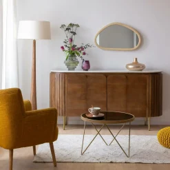 Buffet arrondi en bois de manguier et marbre Sienne