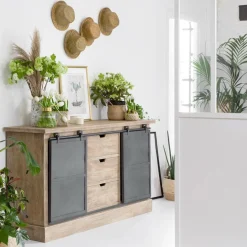 Buffet en bois de manguier brossé et métal gris foncé Helsinki
