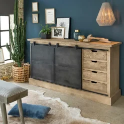 Buffet en bois de manguier brossé et métal gris foncé 4 tiroirs Helsinki