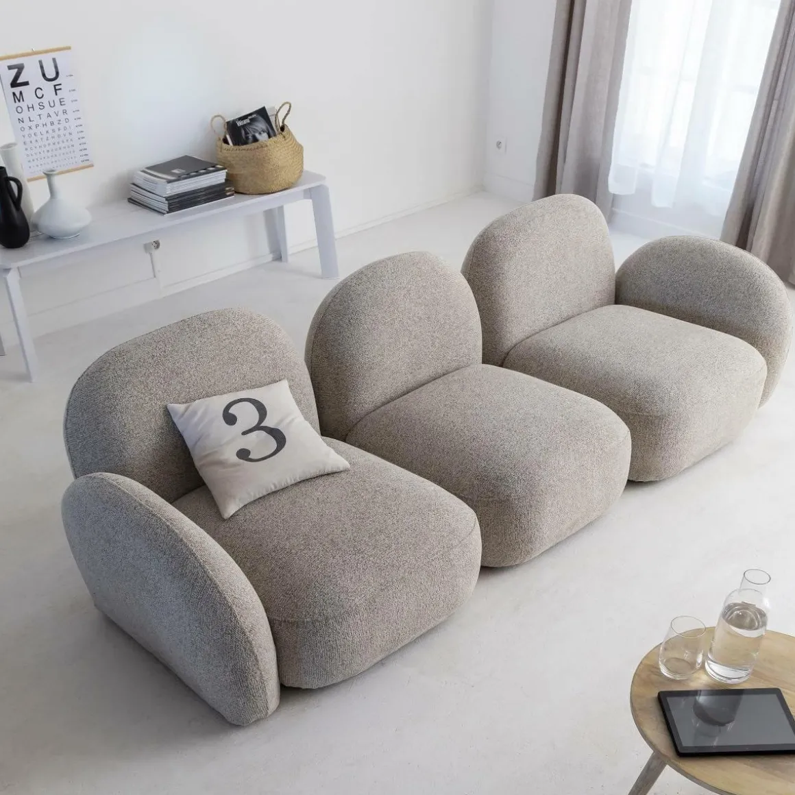 Canapé 3 modules en tissu bouclette gris Calya