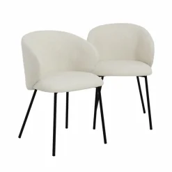 Chaise avec accoudoirs ronds en tissu bouclette écru clair et pieds en métal Cléa (lot de 2)