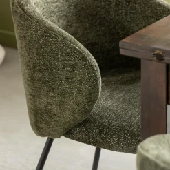 Chaise avec accoudoirs ronds en tissu vert et pieds en métal Cléa (lot de 2)