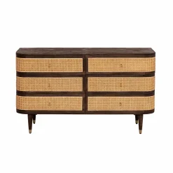 Commode 6 tiroirs en bois de manguier et cannage Soren