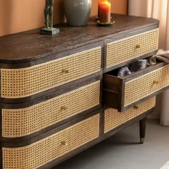 Commode 6 tiroirs en bois de manguier et cannage Soren
