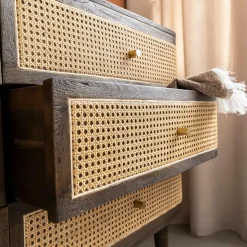 Commode 6 tiroirs en bois de manguier et cannage Soren