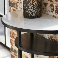 Console demi-lune en marbre blanc et métal Marceau