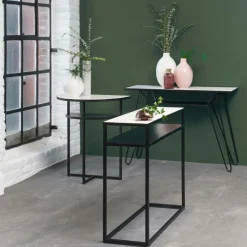 Console demi-lune en marbre blanc et métal Marceau