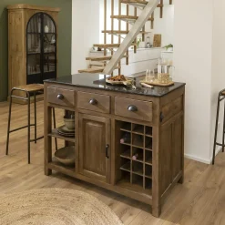 Ilot central en bois de manguier et plateau en marbre Paul