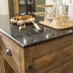 Ilot central en bois de manguier et plateau en marbre Paul