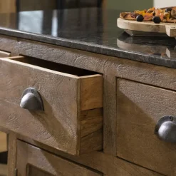 Ilot central en bois de manguier et plateau en marbre Paul