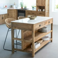 Ilot central en bois de manguier et marbre blanc Louisa