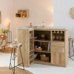 Meuble bar en angle bois de manguier et terrazzo Lou