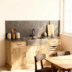 Meuble bas de cuisine en bois recyclé et pierre bleue Romain