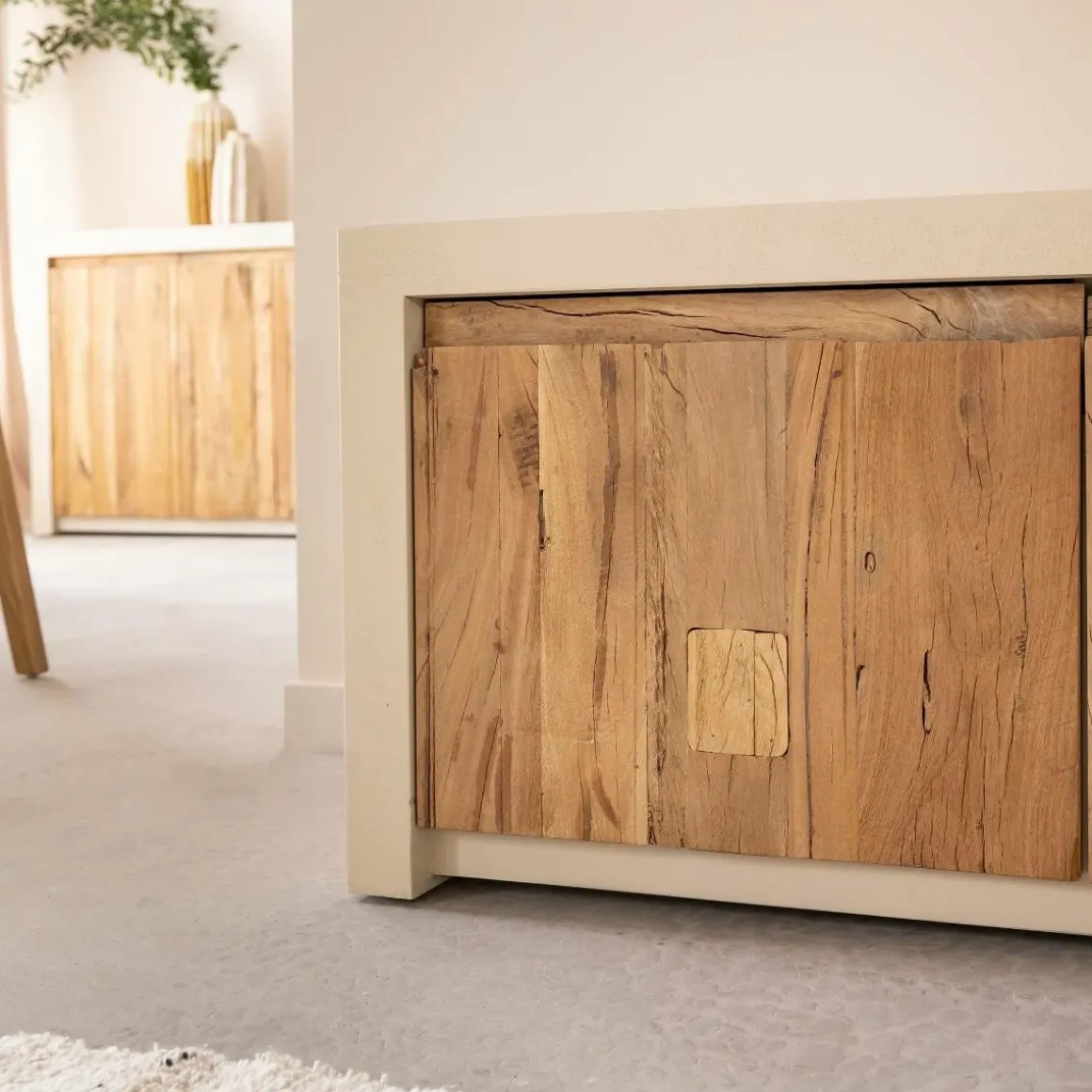 Meuble TV 2 portes et 1 étagère en bois effet béton et bois recyclé Dalva