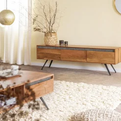 Meuble TV en bois d'acacia et pierre Yvan