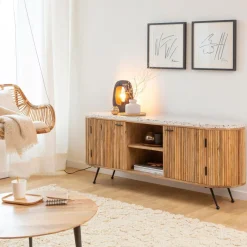 Meuble TV en bois de manguier et terrazzo Ambrine