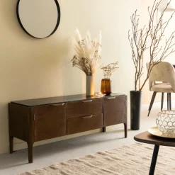 Meuble TV en bois de manguier et marbre noir Roch