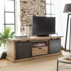 Meuble TV en bois de manguier brossé et métal noir 150 cm Helsinki