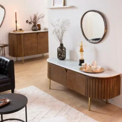 Meuble TV en bois de manguier et marbre Sienne