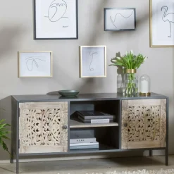 Meuble TV en bois de manguier blanchi Lila