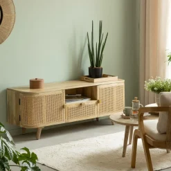 Meuble TV en bois de manguier et cannage Palma