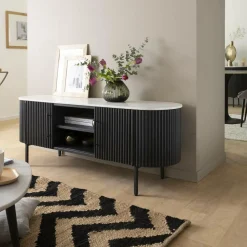 Meuble TV en métal et marbre blanc Mona