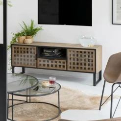 Meuble TV en sapin et métal noir Elise