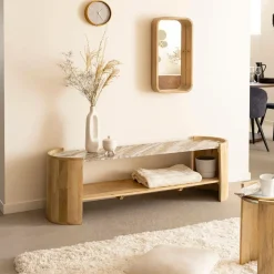 Meuble TV ovale en bois de manguier et marbre Isabella