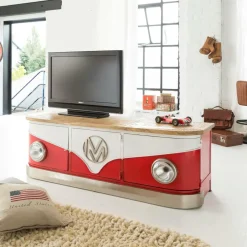 Meuble TV rouge avec plateau en bois de manguier Combi