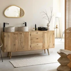 Miroir abstrait en bois de manguier clair Marley