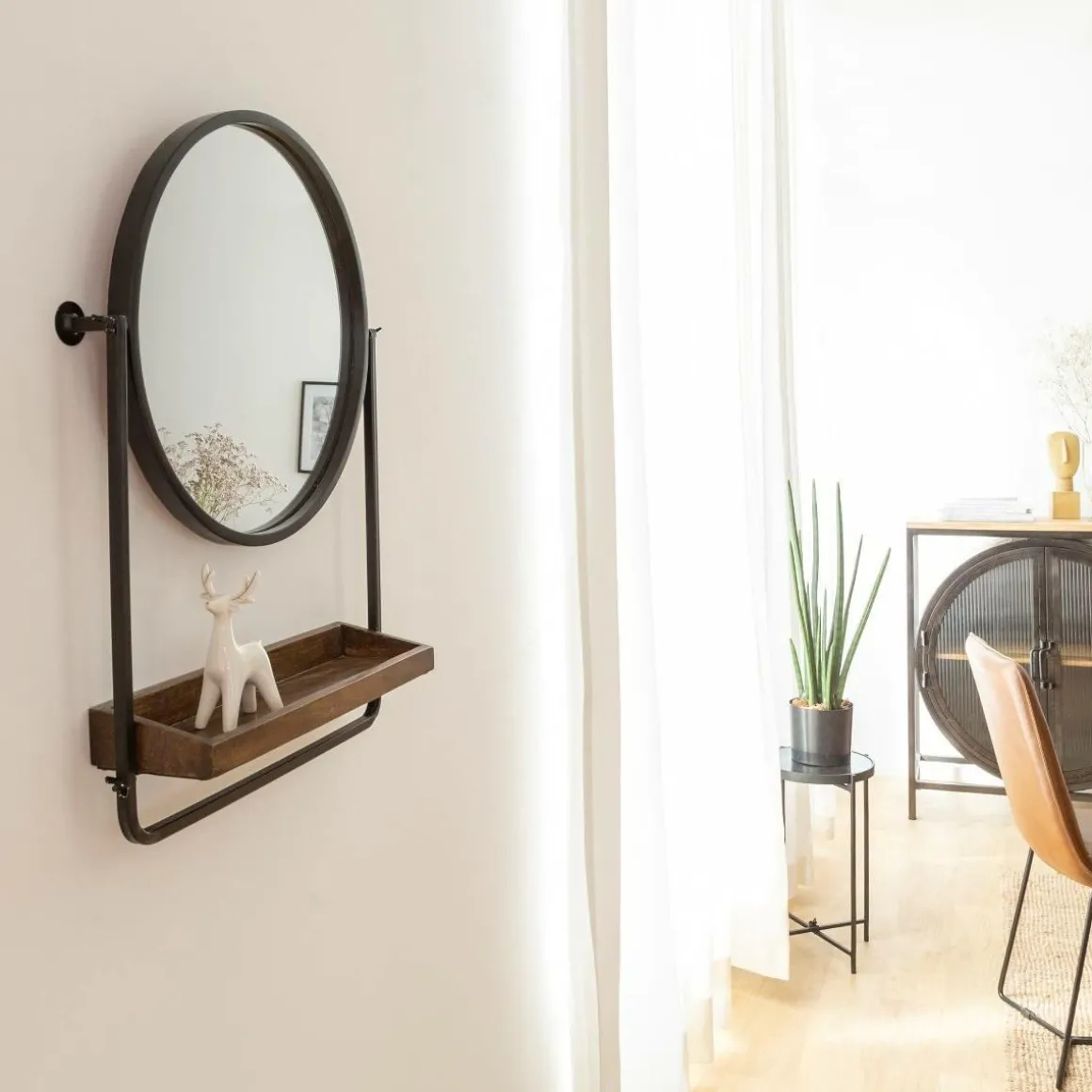 Miroir rond avec étagère en bois et métal Gary