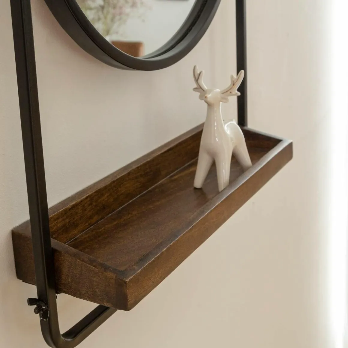 Miroir rond avec étagère en bois et métal Gary