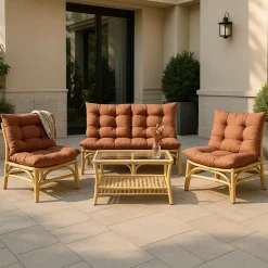 Salon de jardin en rotin avec coussins terracotta Rattan