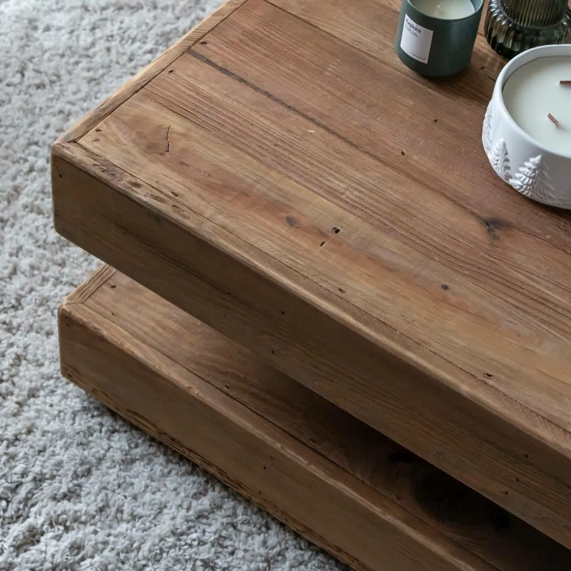 Table basse carrée à double plateau en bois recyclé Blaise