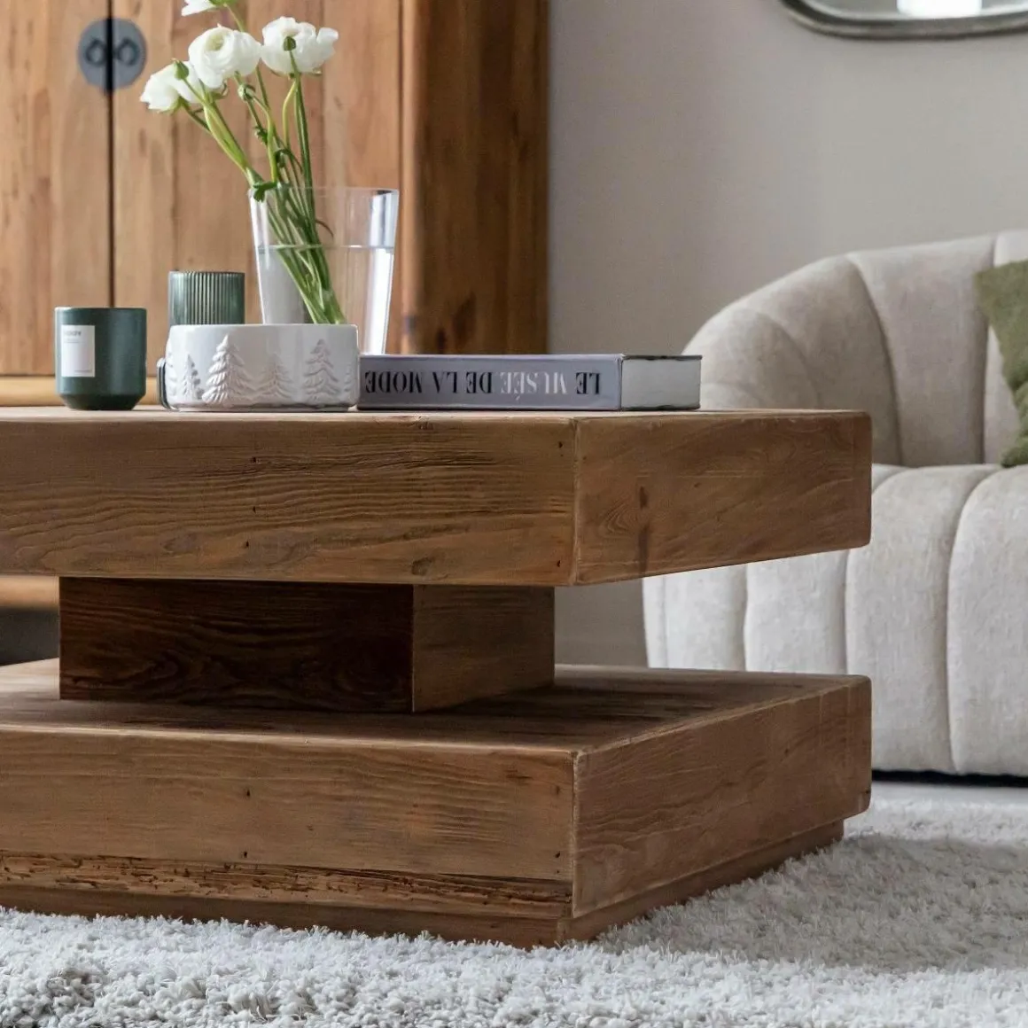 Table basse carrée à double plateau en bois recyclé Blaise