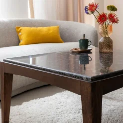 Table basse carrée en bois de manguier et marbre noir Ilithe