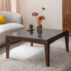 Table basse carrée en bois de manguier et marbre noir Ilithe