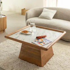 Table basse carrée en bois de manguier et marbre Adler