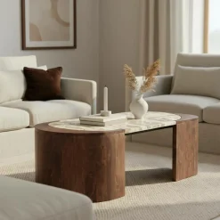 Table basse ovale en bois de manguier et marbre Agnès