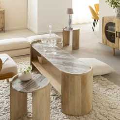 Table basse ovale en bois de manguier et marbre Isabella