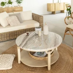 Table basse ronde en bois de manguier et marbre Isabella
